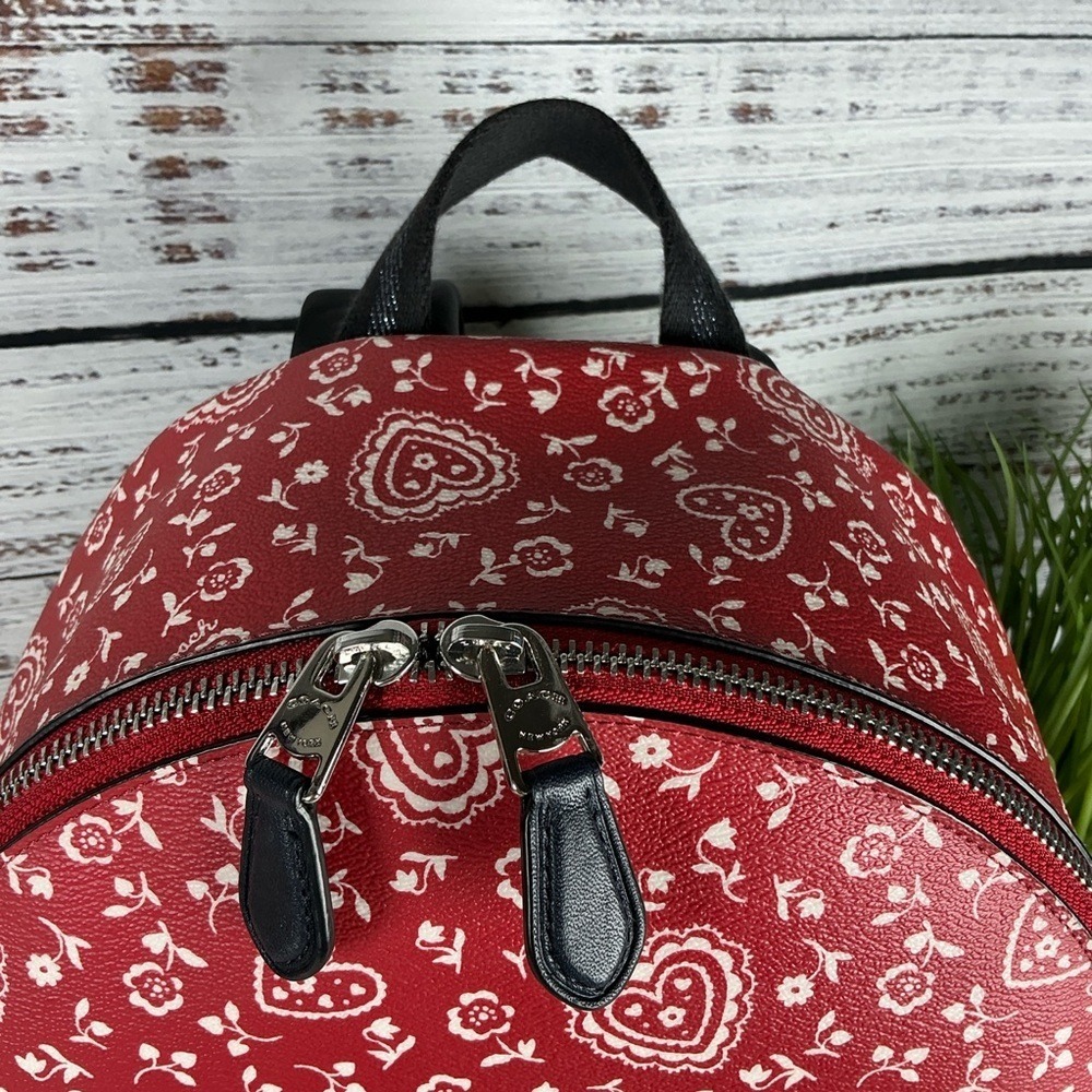 Coach Charlie Red White Lace Hearts‎ Floral Pattern Backpack Bag Work School - Picture 6 of 13